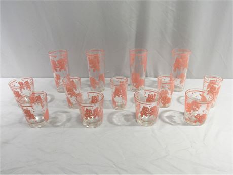 Hazel Atlas Pink Elephant Vintage Barware Glass Set - 13 pieces