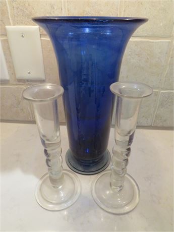 Hand Blown Cobalt Blue Glass Vase & Candlestick Holders