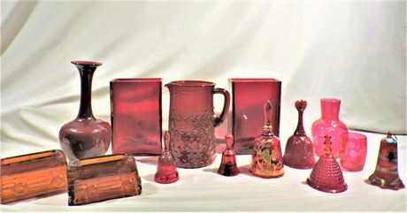 Dellner Amber Paperweight / Red Block Glass Vase / Bells