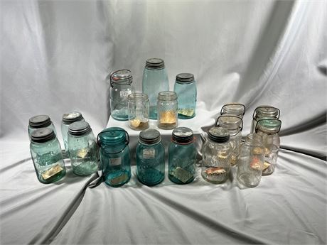 Antique Mason Jar Collection In Blue, Aqua, Green & Clear