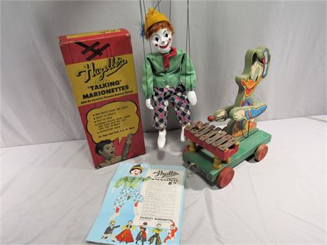 Donald Duck Fischer Price Pull Toy, Hazelle's Happy The Clown Talking Marionette