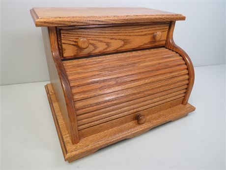 Oak Roll Top Bread Box w/Drawer