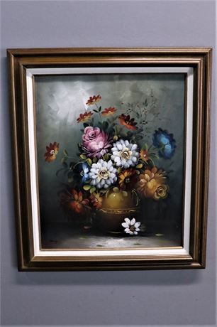 Framed Oil on Canvas, Flowers in a Decorative Gold Vase by Nancy