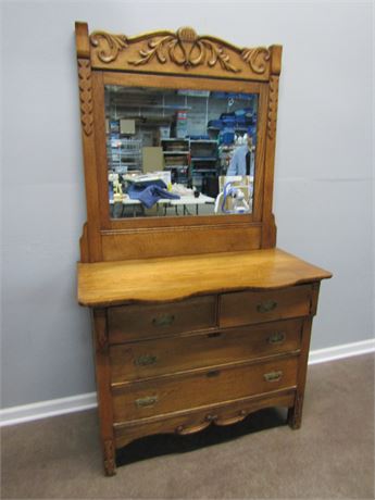 Early American Dresser & Swivel Mirror, Solid Wood with Engraved Trim