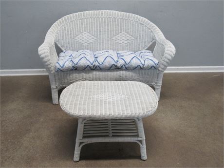White Wicker Loveseat with Cushion and Coffee Table