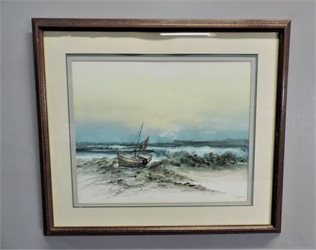 Signed Original PRASITH Watercolor Boat on the Beach