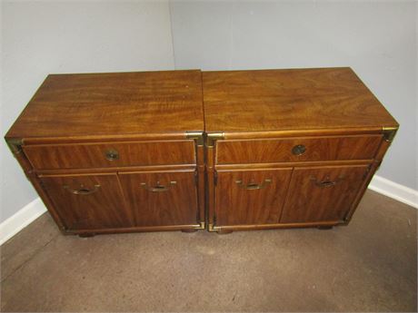 Drexel Vintage Asian End Tables with Brass Trim, Set of Two