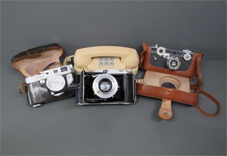 4 Piece Vintage Lot - 3 - 35mm Cameras and a Western Electric Princess Phone