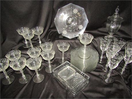 Vintage Clear Etched Glass Collection, Plates, Platters and Goblets
