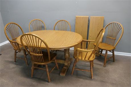Oak & Laminate Dining Table, Windsor Chairs, Leaves & Pads