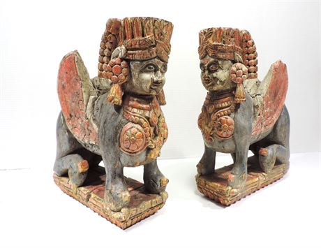Pair of Carved Wood Sphinx Like Sculptures