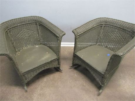 Set of Two Gray Wicker Rocking Chairs