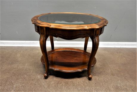 Vintage Oval Shape Wood and Beveled Glass Accent Table
