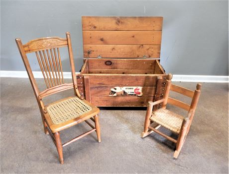 Vintage Wood Toy Chest and Two Vintage Children's Chairs