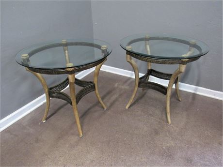 2 Round Side Tables with Glass Tops and Antiqued Brass Trim