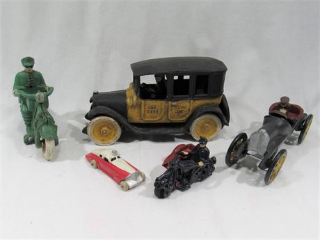 5 Piece Toy Vehicle Lot including Vintage Barclay and 4 Cast Iron Reproductions