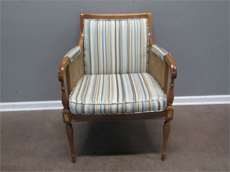 Vintage Wood and Upholstered Arm Chair with Cane Sides
