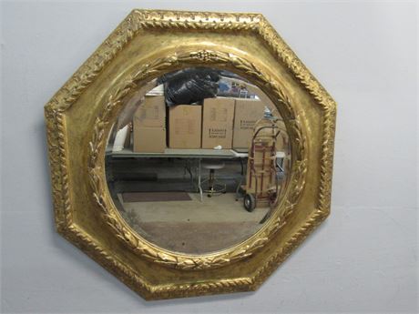 Large Round Beveled Glass Mirror in Octagon Shaped Gold Antique Finished Frame