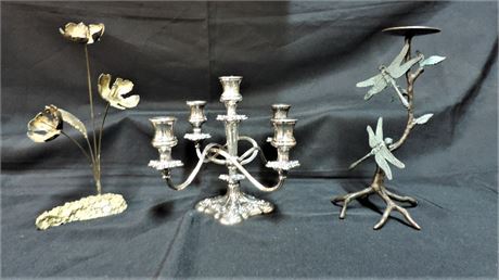 International Silver Candelabra Dragon Fly Candle Holder Metal Floral Sculpture