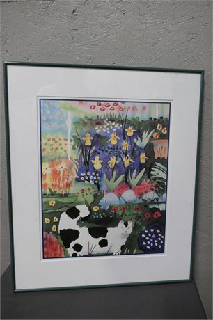 MIKE SMITH Cat Floral Litho "Blue and Yellow Iris" 1993