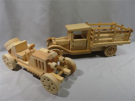 Handmade Wooden Antique Car & Stake Bed Truck