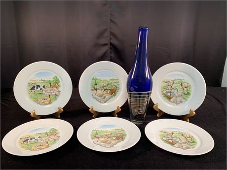 "PORCELAIN DE LIMOGES" Appetizer Plates and Art Glass Vase
