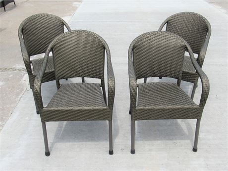 4 Frontgate Stacking Cafe Patio Chairs, Antimicrobial Resin Wicker Golden Bronze