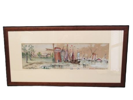 1914 Watercolor - Florence I. Cover - Windmill Landscape - Framed and Matted