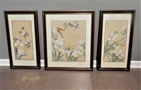 Three Stamped Asian Floral Wall Art Matted with Wood and Metal Frames