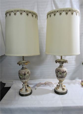 2 Vintage Ceramic Lamps with Floral/Rose Motif and Gold Gilt