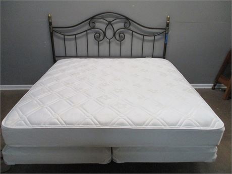 King Size Metal Silver and Gold Tone Bed with Mattress and Box Boards