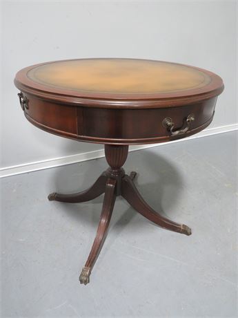 Vintage Tooled Leather Top Drum Table