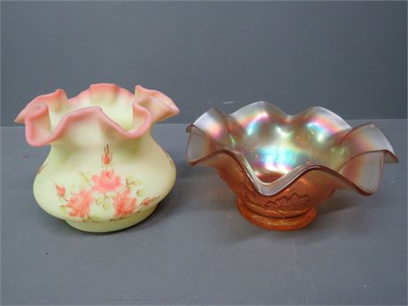 FENTON Burmese Vase / Marigold Carnival Glass Bowl