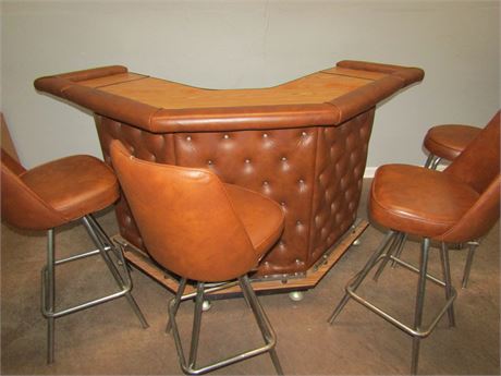 Mid Century Retro Tufted Home Cocktail Bar, Brown and 3 Chairs, Stool