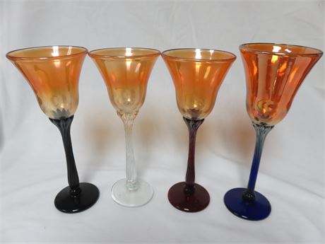 4 Iridescent Art Glass Goblets Signed