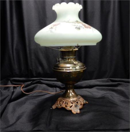 Vintage Brass Table Lamp with a Hand Painted Floral Glass Shade