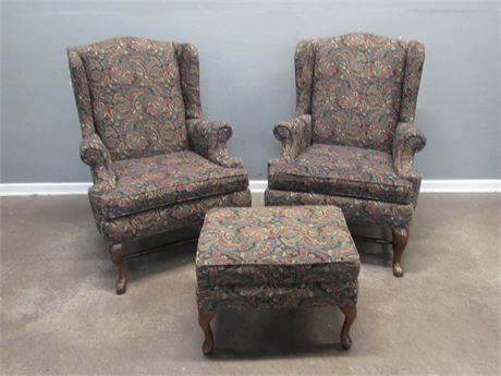 2 Clayton Marcus High-back Wing-back Fireside Chairs with Ottoman