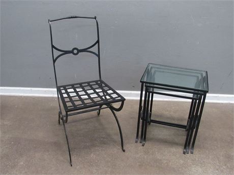 Wrought Iron Metal Chair with 3 Glass Top and Metal Nesting Tables