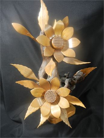 Handcrafted Wood Tree, Wood Flower Leaves and Wood Base, carved from Tree Branch