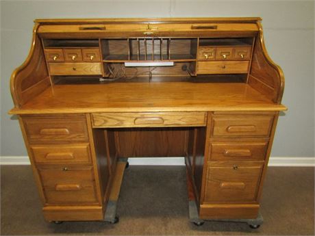 Solid Oak Roll Top Executive Desk with Harvest Honey Stain
