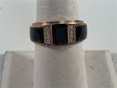 STAUER Sterling Silver Onyx Sapphire Cubic Zirconia Ring