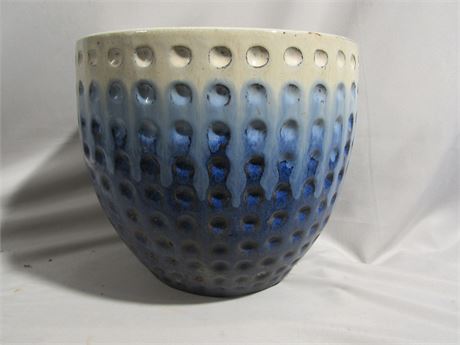 Dimpled Outside Ceramic Planter, Blue and Cream Colors