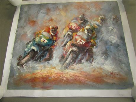 Original Motorcycle Racing Painting, Never Stretched, Signed on Canvas