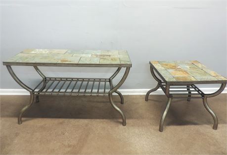 Outdoor Metal and Slate Top Table Set