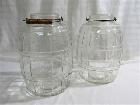 2 Large Vintage Glass "Barrel" Pickle Jars with Wood Handled Wire Bails