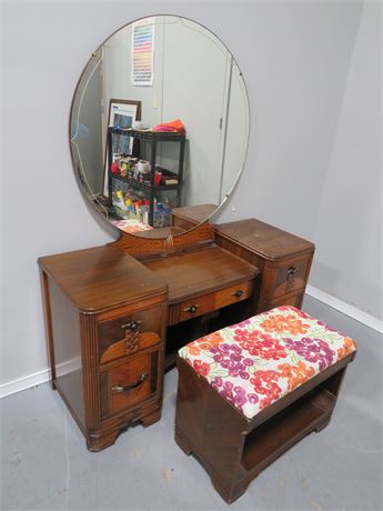 Vintage Art Deco Vanity Desk w/Round Mirror