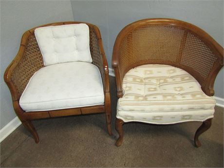 Vintage Cane Arm Chair Set, Two with light Colored Cushions
