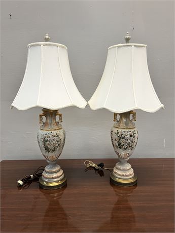 French Classicism Floral, Brass Colored Metal Base, Lamp Pair