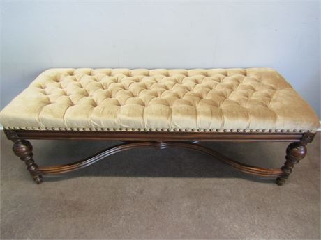 Vintage Upholstered Wooden Bench Seat in Light Brown Color