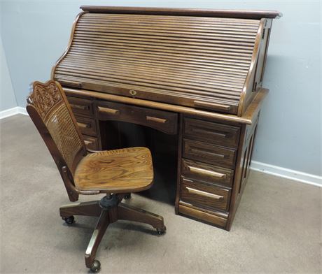 Vintage RIVERSIDE 'Oak Creek' Roll Top Desk / Cane Back Chair